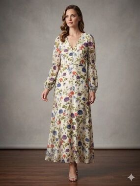 Chelsea 28 ivory floral maxi dress 3/4 sleeve — size S
